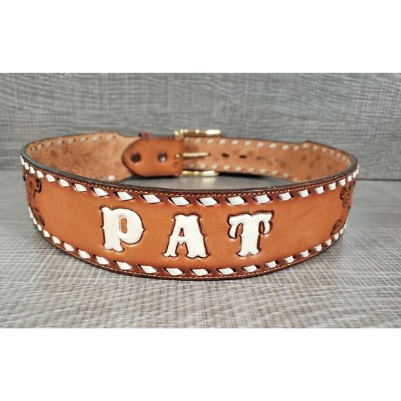 Vintage TONY LAMA Hand Tooled "PAT" LEATHER BELT - SIZE 28 - Made in USA - Picture 1 of 14